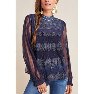 Bl^Nk London Navy‎ Blue Embroidered Mesh Mock Neck Blouse Sheer Boho Top Large